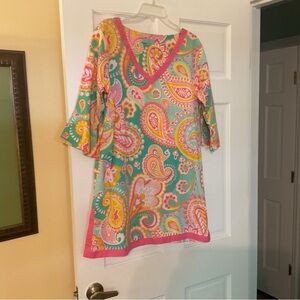 Green Paisley Mini Dress with Pink Trim